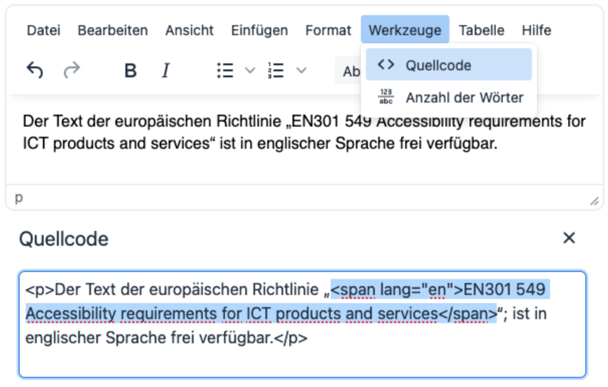 Screenshot zur Demonstration des Einf&uuml;gens eines englischen Satzes
